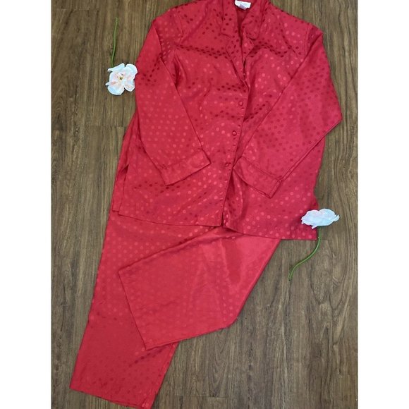 Vintage Amelia's Red Polka Dot Satiny Polyester 2 Piece Pajama Lounge Set Size L - Picture 9 of 10